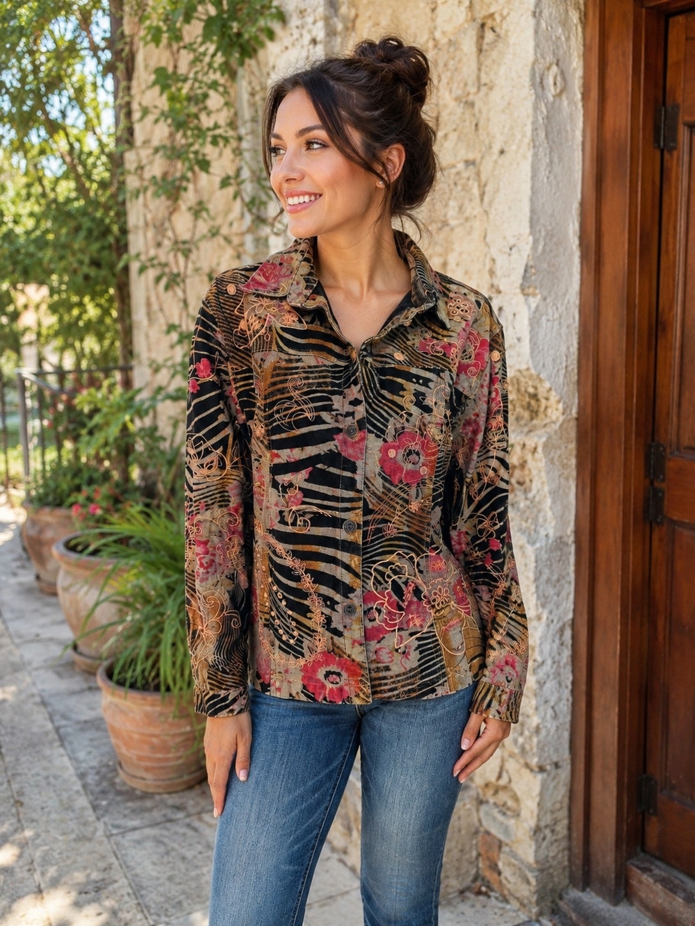 Chico's Large Floral Abstract Button Front Jacket Shirt Black Red Tan